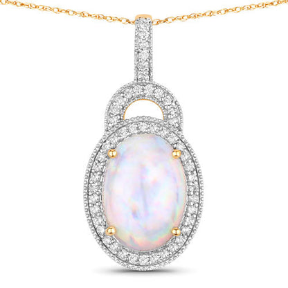 3.30 Carat Genuine Ethiopian Opal and White Diamond 14K Yellow Gold Pendant Bids.com