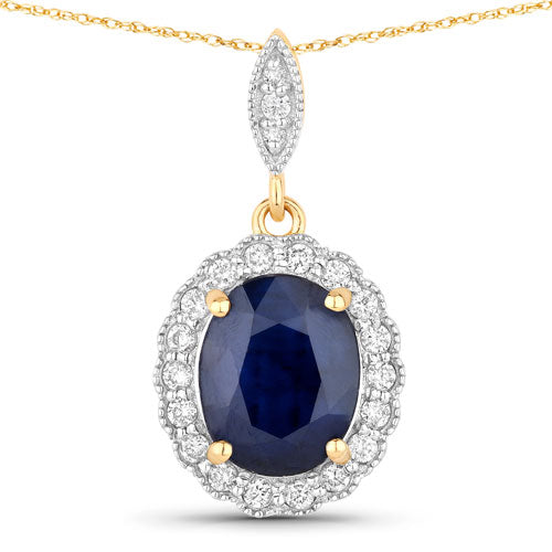3.38 Carat Genuine Blue Sapphire and White Diamond 14K Yellow Gold Pendant Bids.com
