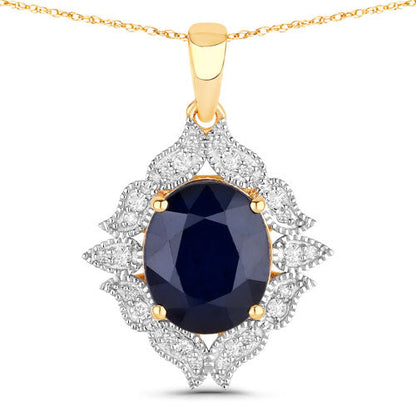 6.44 Carat Genuine Blue Sapphire and White Diamond 14K Yellow Gold Pendant Bids.com
