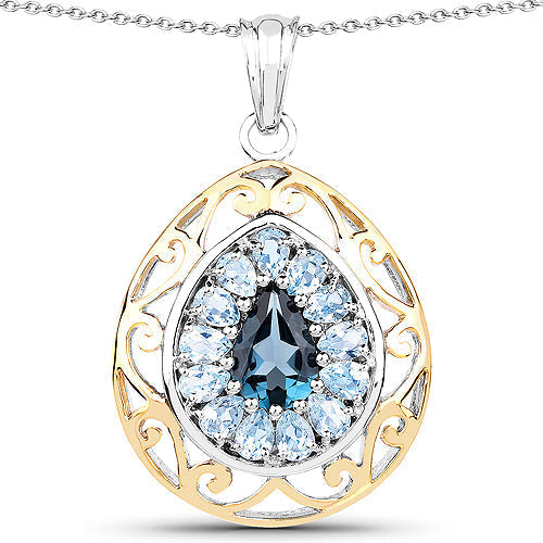 18K Yellow Gold Plated 4.44 Carat Genuine London Blue Topaz and Blue Topaz .925 Sterling Silver Pendant Bids.com
