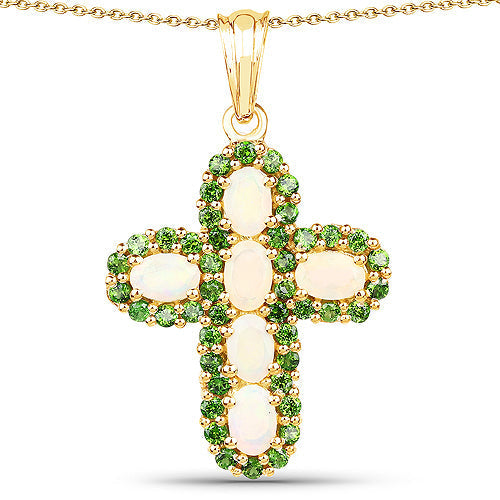 14K Yellow Gold Plated 3.11 Carat Genuine Ethiopian Opal and Chrome Diopside .925 Sterling Silver Pendant Bids.com