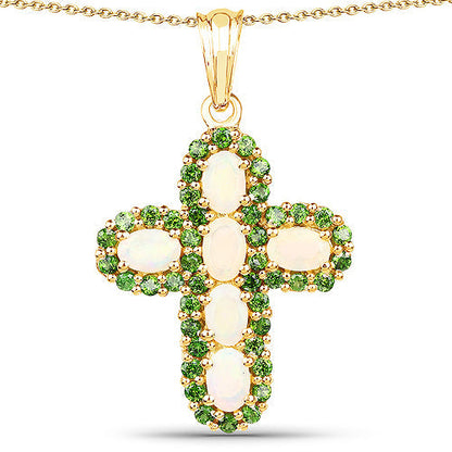 14K Yellow Gold Plated 3.11 Carat Genuine Ethiopian Opal and Chrome Diopside .925 Sterling Silver Pendant Bids.com
