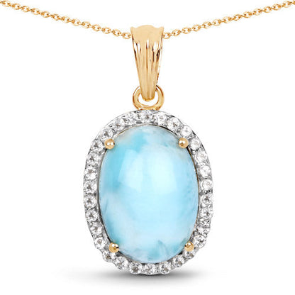 14K Yellow Gold Plated 13.55 Carat Genuine Larimar and White Topaz .925 Sterling Silver Pendant Bids.com