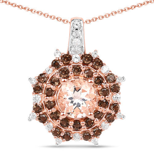 18K Rose Gold Plated 1.61 Carat Genuine Morganite, Smoky Quartz and White Zircon .925 Sterling Silver Pendant Bids.com