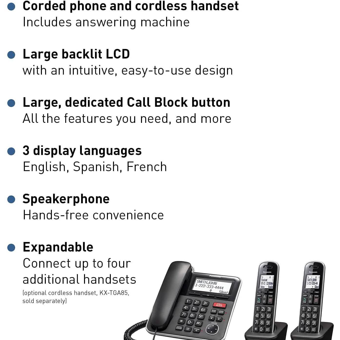Panasonic Expandable Corded/Cordless Phone System with Answering Machine and One Touch Call Blocking – 2 Handsets  (Refurbished) DailySale
