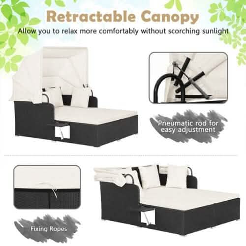 Patio Rattan Daybed with Retractable Canopy and Side Tables DailySale