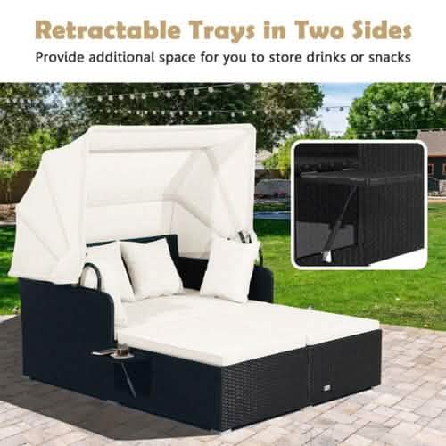 Patio Rattan Daybed with Retractable Canopy and Side Tables DailySale