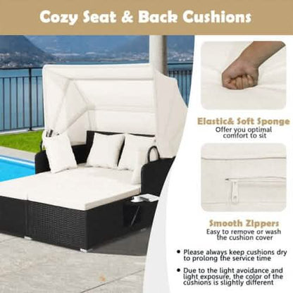 Patio Rattan Daybed with Retractable Canopy and Side Tables DailySale