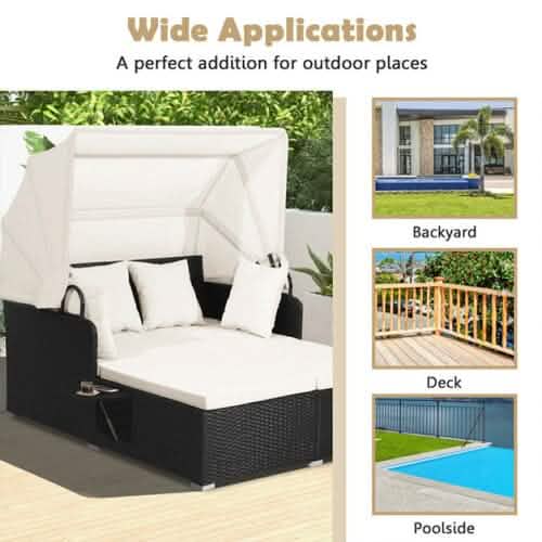 Patio Rattan Daybed with Retractable Canopy and Side Tables DailySale