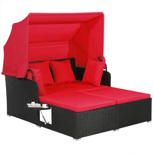 Patio Rattan Daybed with Retractable Canopy and Side Tables DailySale