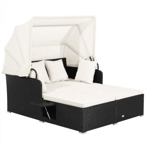 Patio Rattan Daybed with Retractable Canopy and Side Tables DailySale
