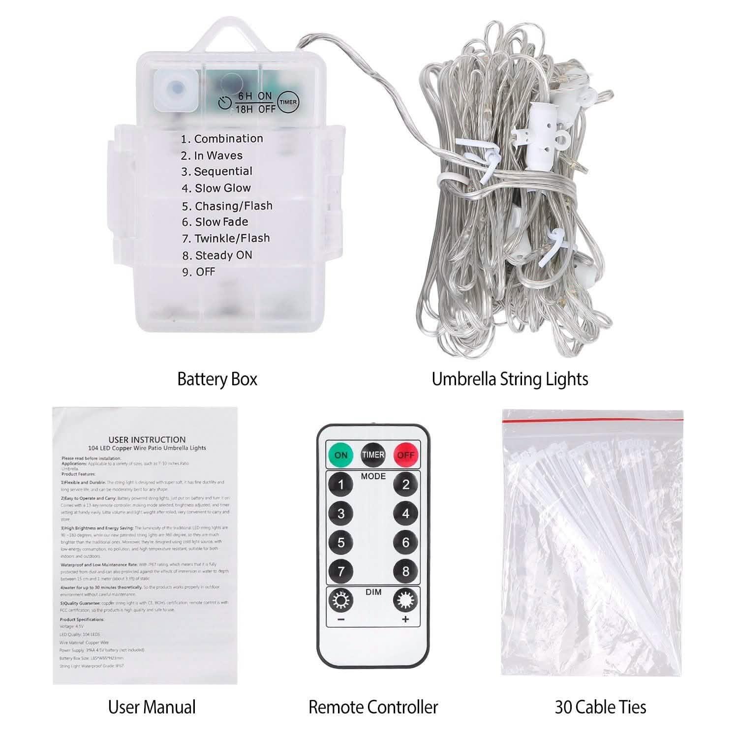 Patio Umbrella Lights 8 Lighting Mode with Remote Control DailySale