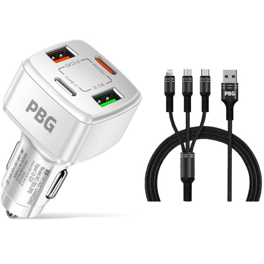 PBG 4 Port Car Charger and 4FT - 3 in 1 Nylon Cable Combo DailySale
