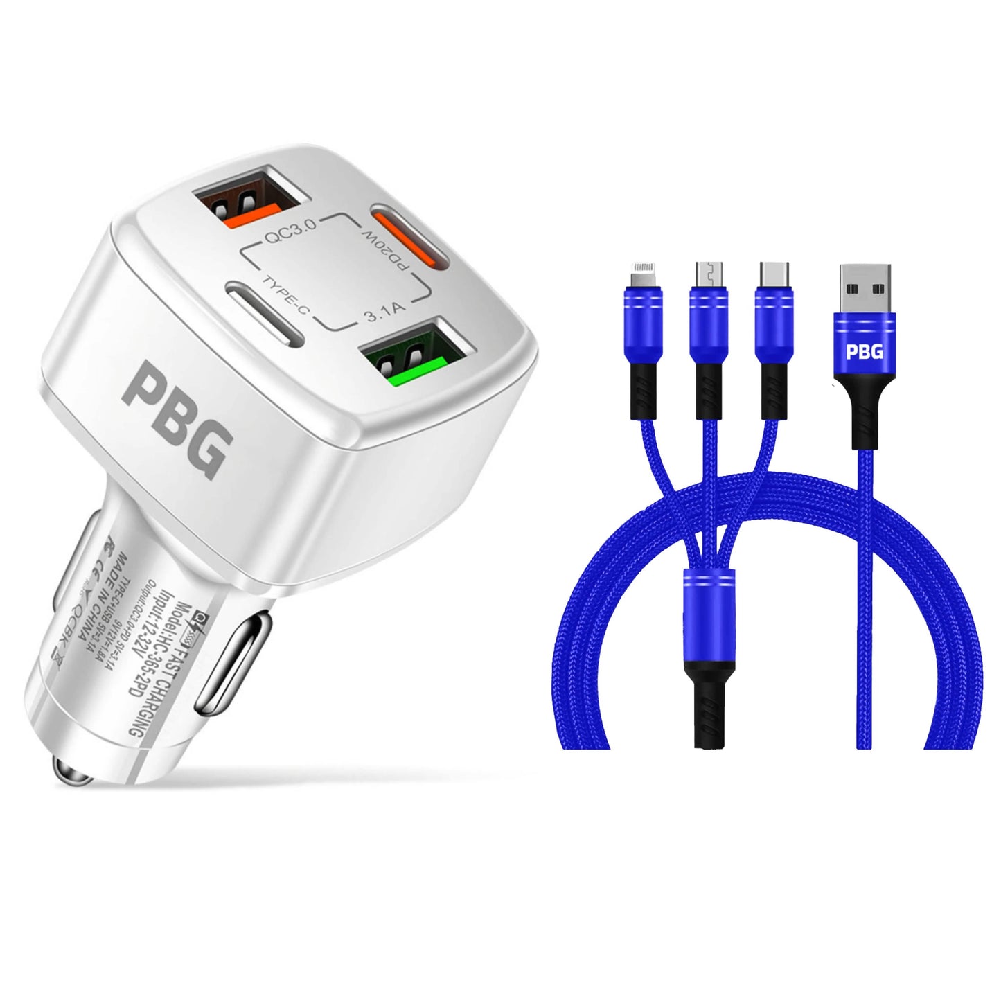 PBG 4 Port Car Charger and 4FT - 3 in 1 Nylon Cable Combo DailySale