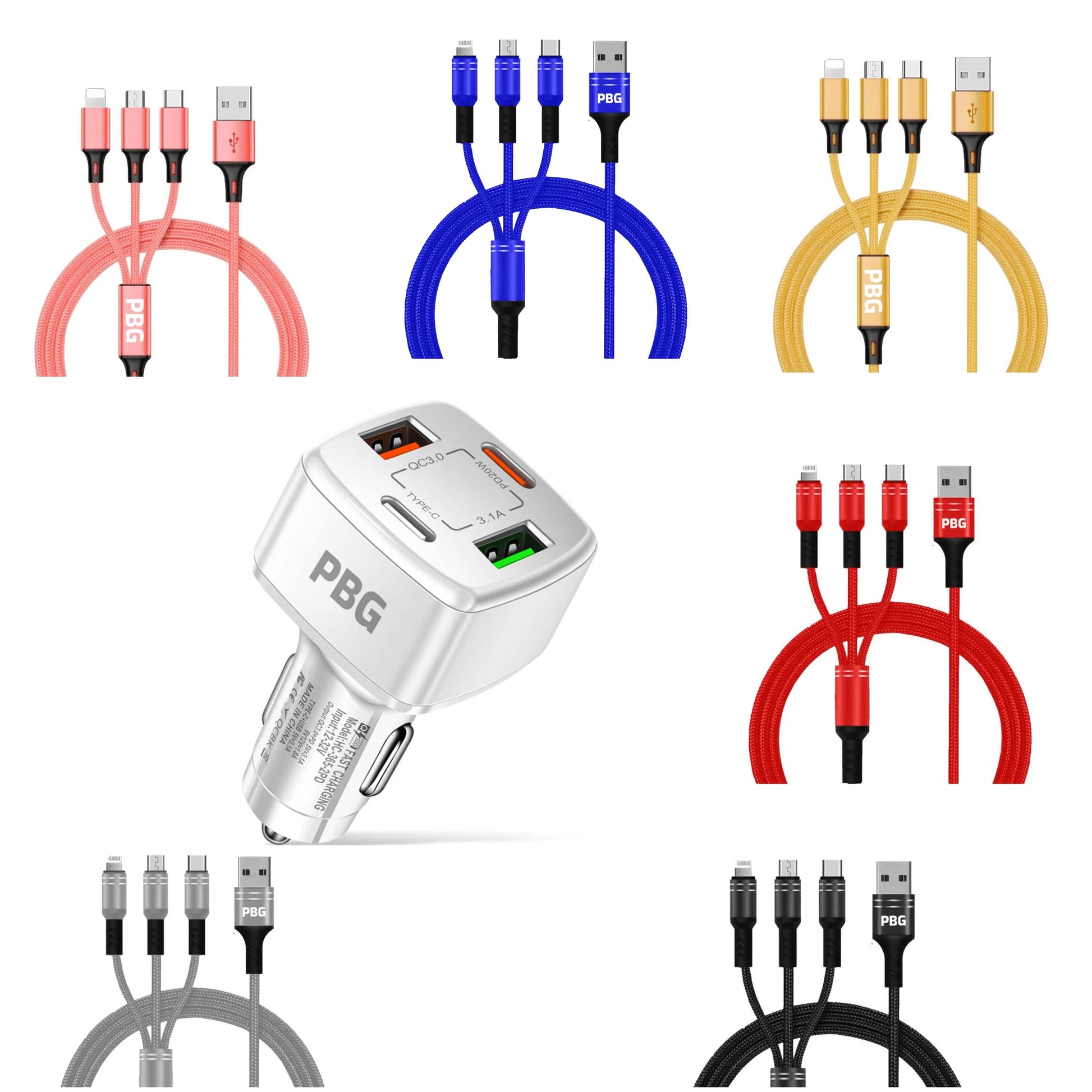 PBG 4 Port Car Charger and 4FT - 3 in 1 Nylon Cable Combo DailySale