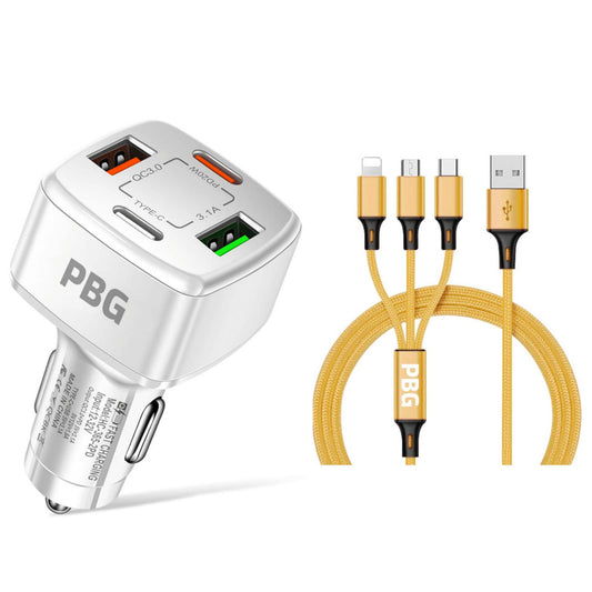 PBG 4 Port Car Charger and 4FT - 3 in 1 Nylon Cable Combo DailySale