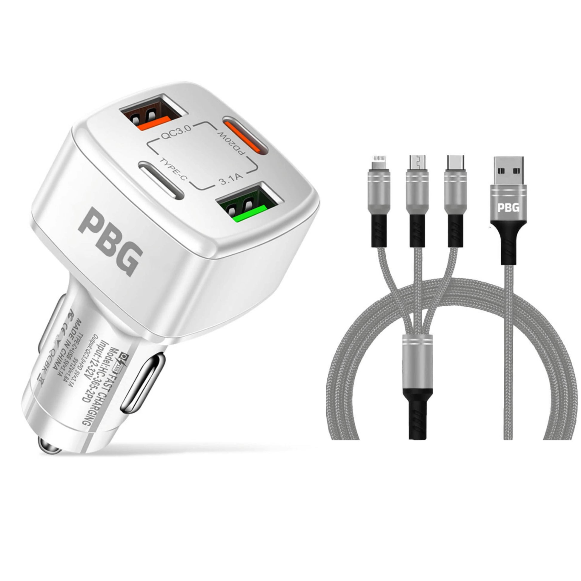 PBG 4 Port Car Charger and 4FT - 3 in 1 Nylon Cable Combo DailySale