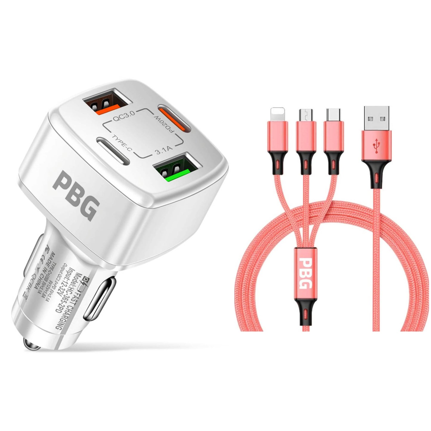 PBG 4 Port Car Charger and 4FT - 3 in 1 Nylon Cable Combo DailySale