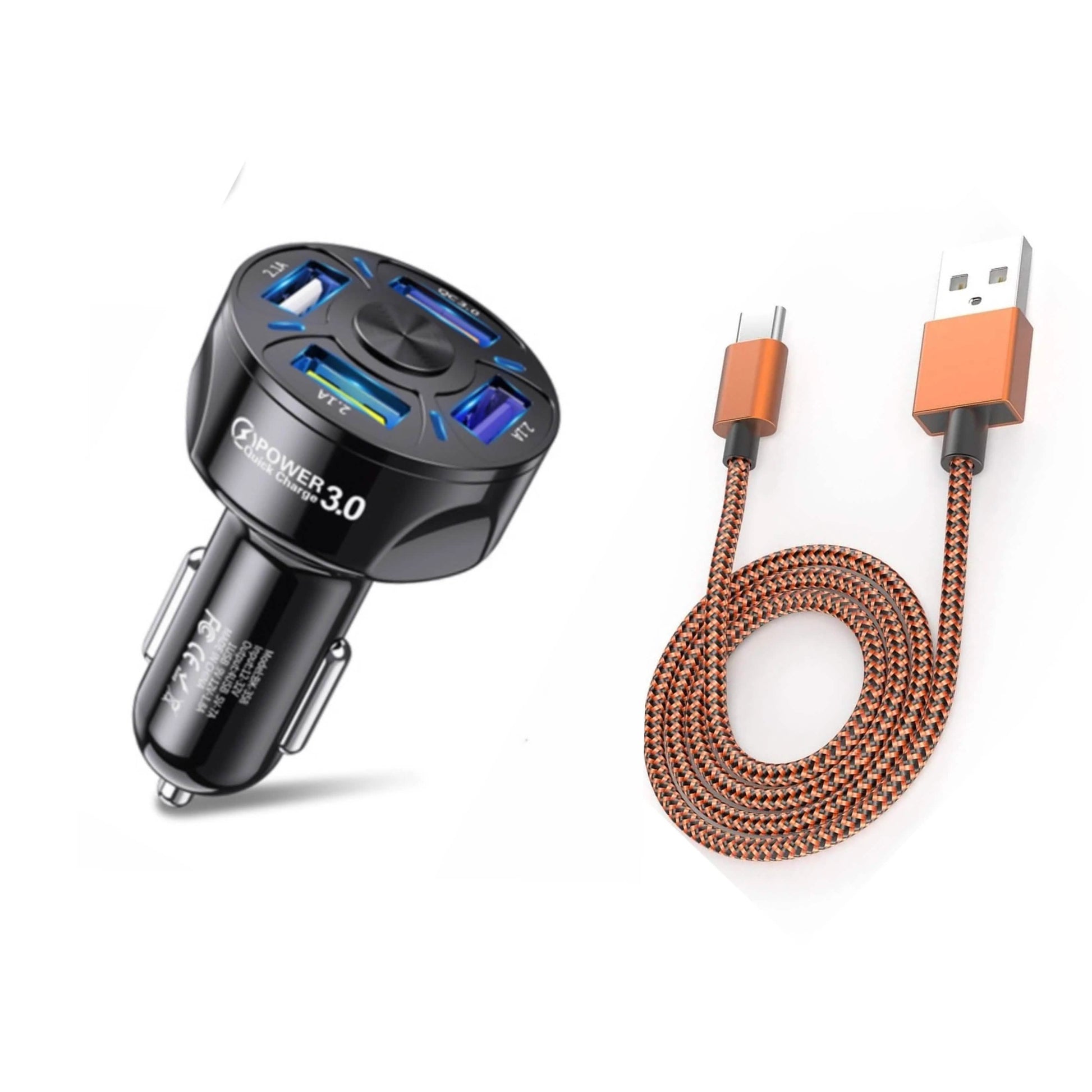 PBG 4 Port LED Car Charger and 10FT Orange Nylon Cable Combo DailySale