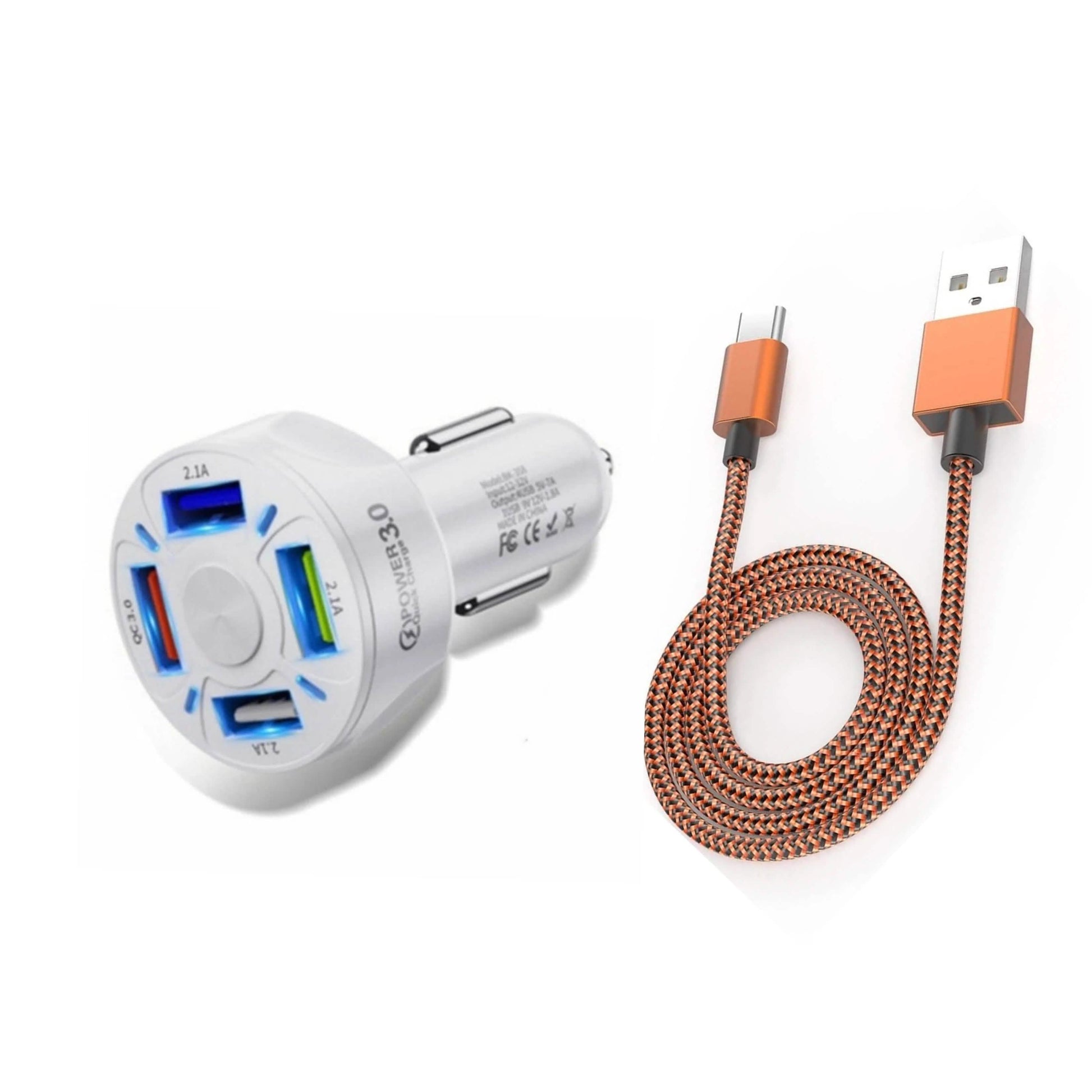 PBG 4 Port LED Car Charger and 10FT Orange Nylon Cable Combo DailySale