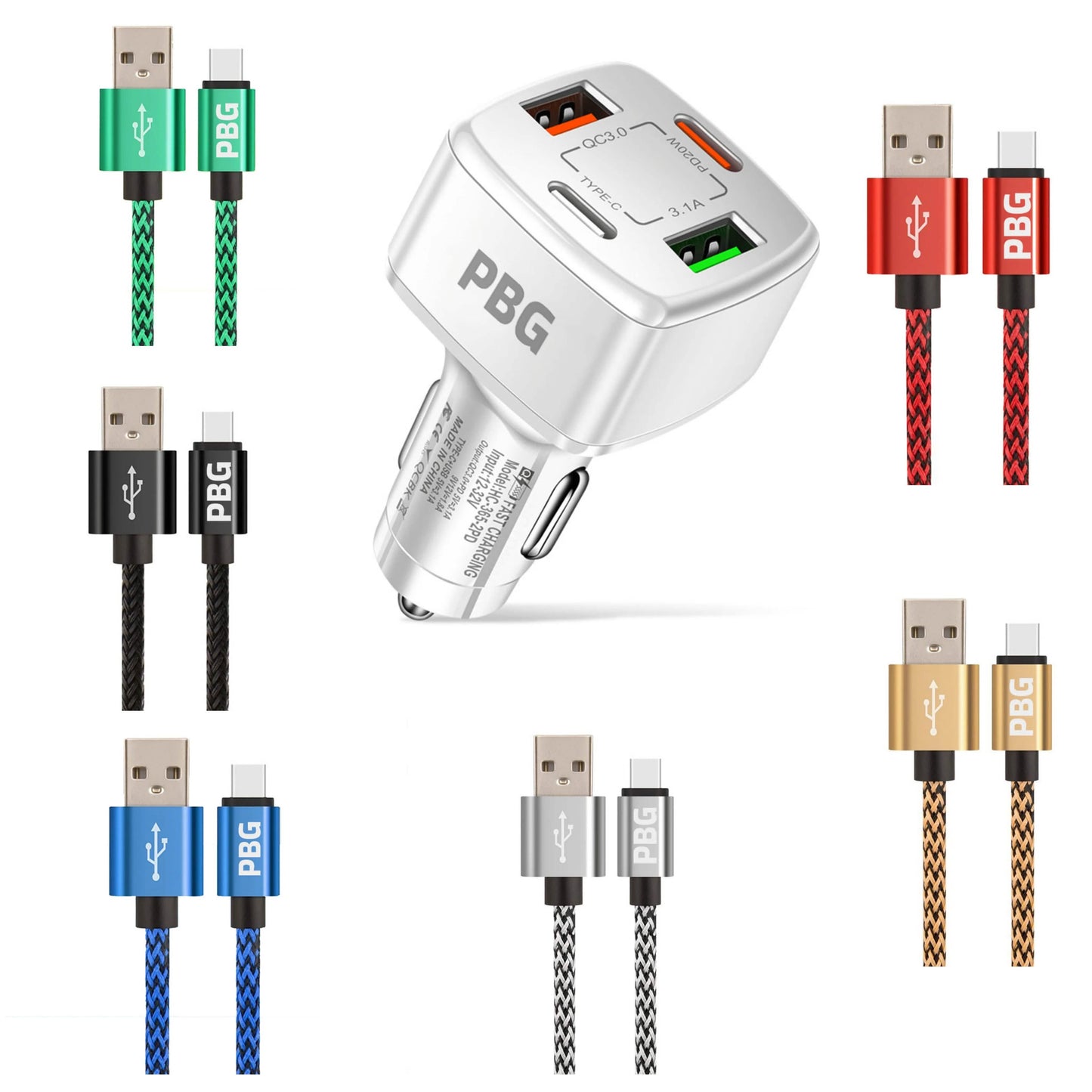 PBG 4 Port PD/USB Car Charger and 10Ft. Zebra Style Lightning Cable Bundle DailySale