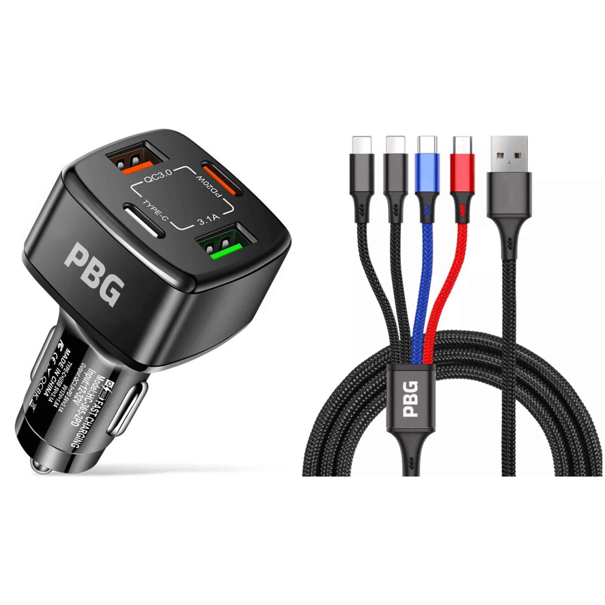 PBG 4 Port  PD/USB Car Charger and 4 in 1 Nylon Cable Bundle DailySale