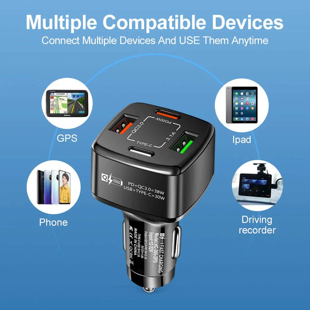 PBG 4 Port  PD/USB Car Charger and 4 in 1 Nylon Cable Bundle DailySale