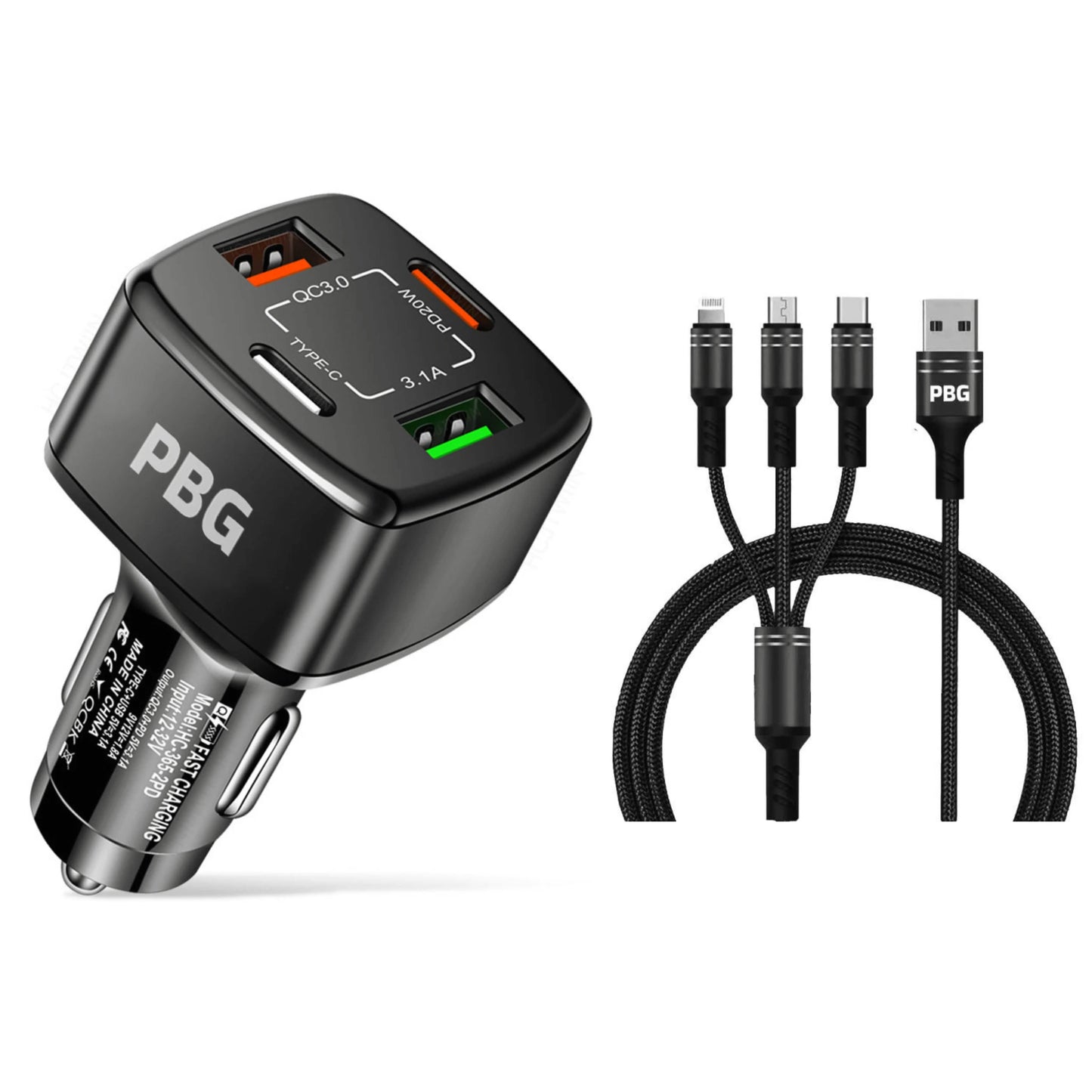 PBG Black 4 Port Car Charger and 4FT - 3 in 1 Nylon Cable Combo DailySale