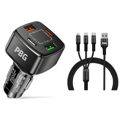 PBG Black 4 Port Car Charger and 4FT - 3 in 1 Nylon Cable Combo DailySale