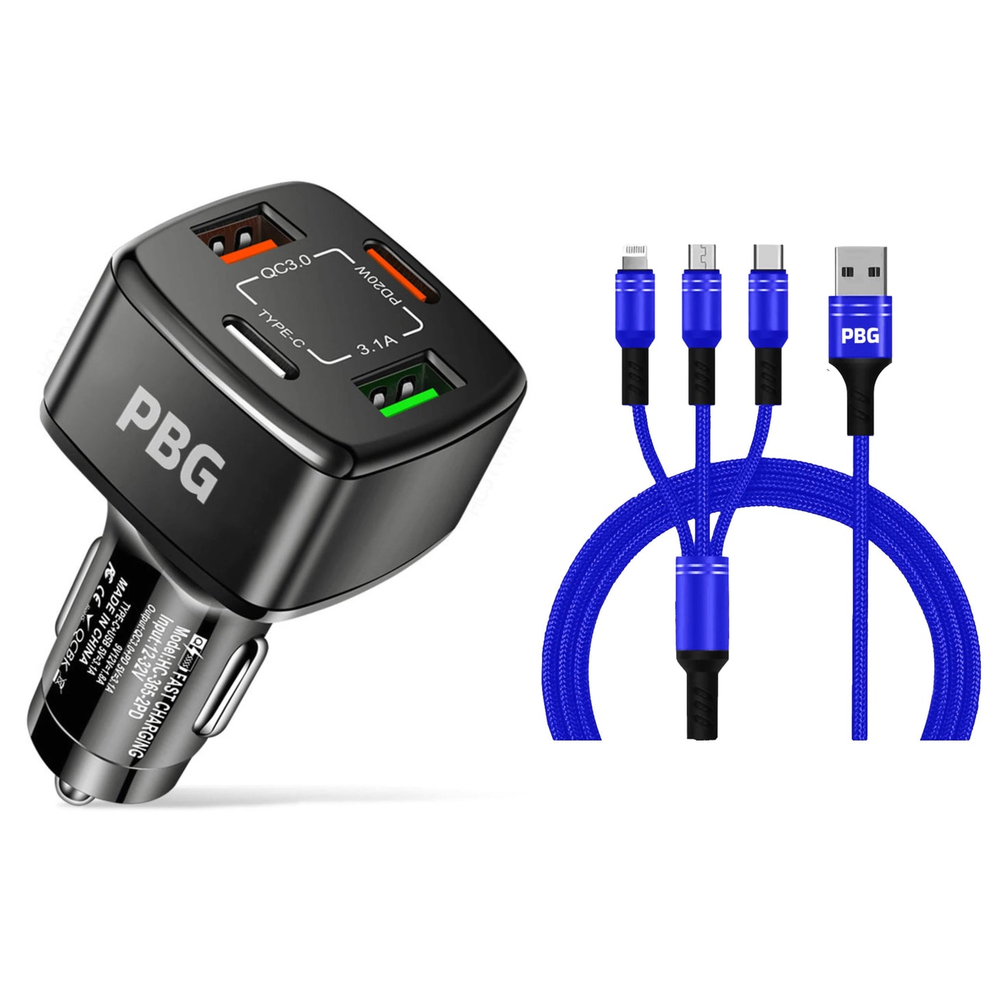 PBG Black 4 Port Car Charger and 4FT - 3 in 1 Nylon Cable Combo DailySale
