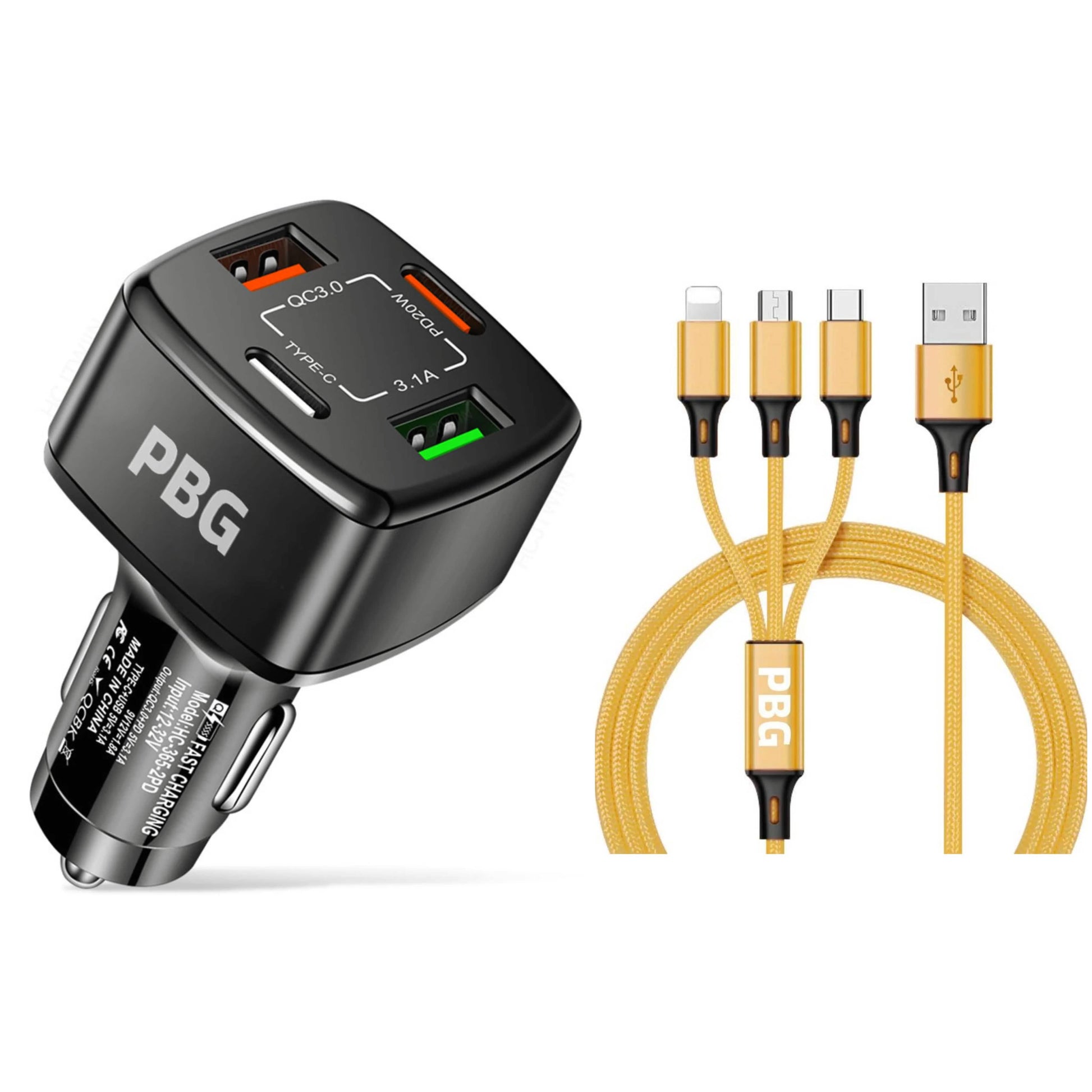 PBG Black 4 Port Car Charger and 4FT - 3 in 1 Nylon Cable Combo DailySale