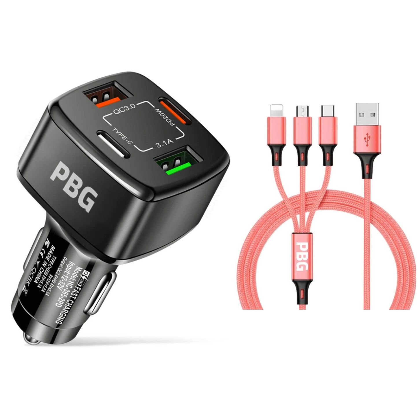 PBG Black 4 Port Car Charger and 4FT - 3 in 1 Nylon Cable Combo DailySale
