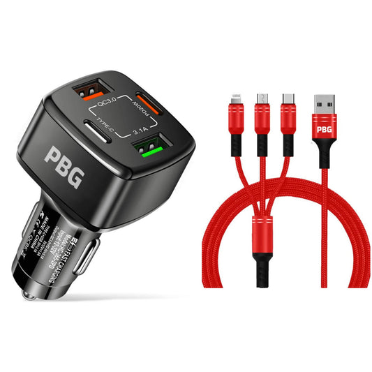 PBG Black 4 Port Car Charger and 4FT - 3 in 1 Nylon Cable Combo DailySale