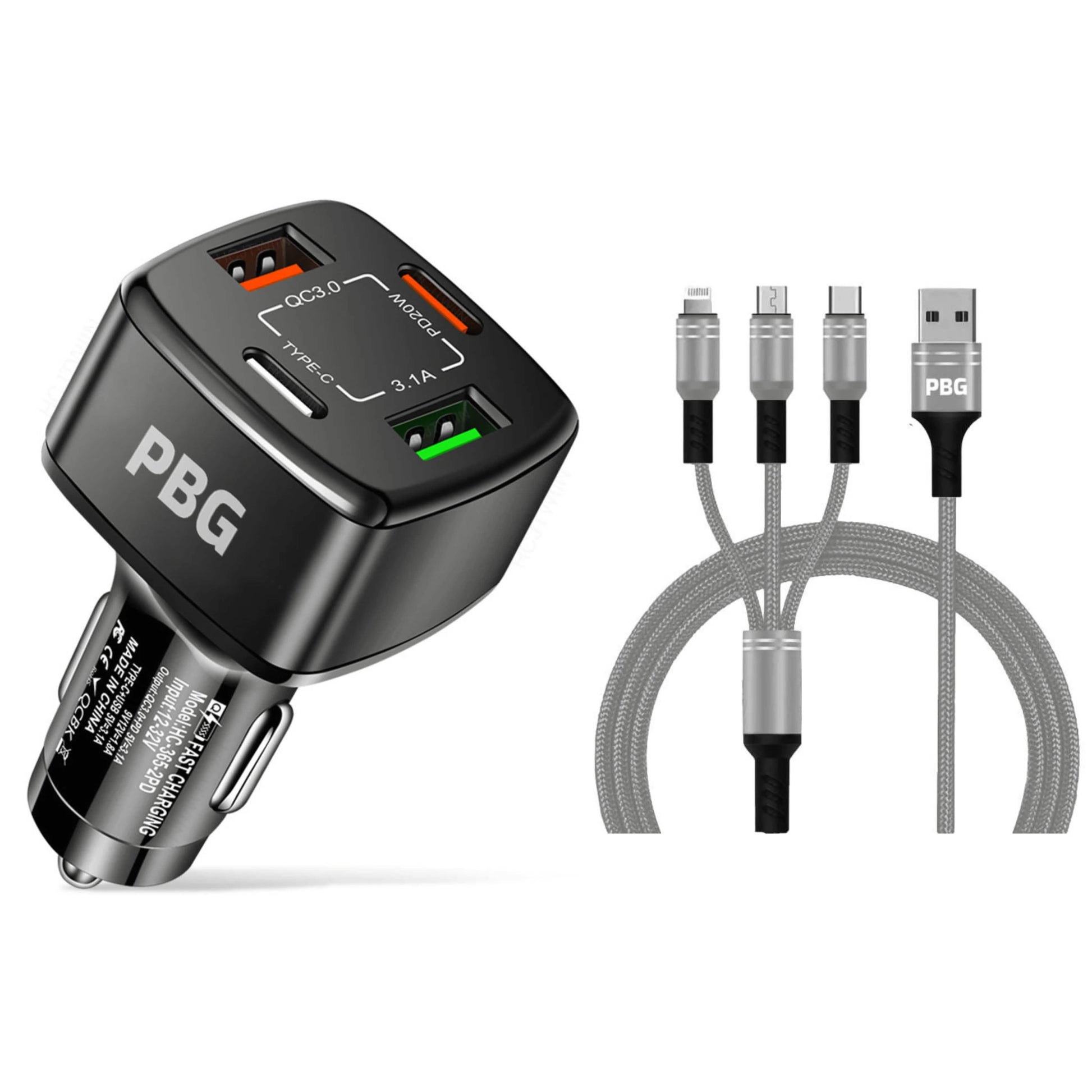 PBG Black 4 Port Car Charger and 4FT - 3 in 1 Nylon Cable Combo DailySale