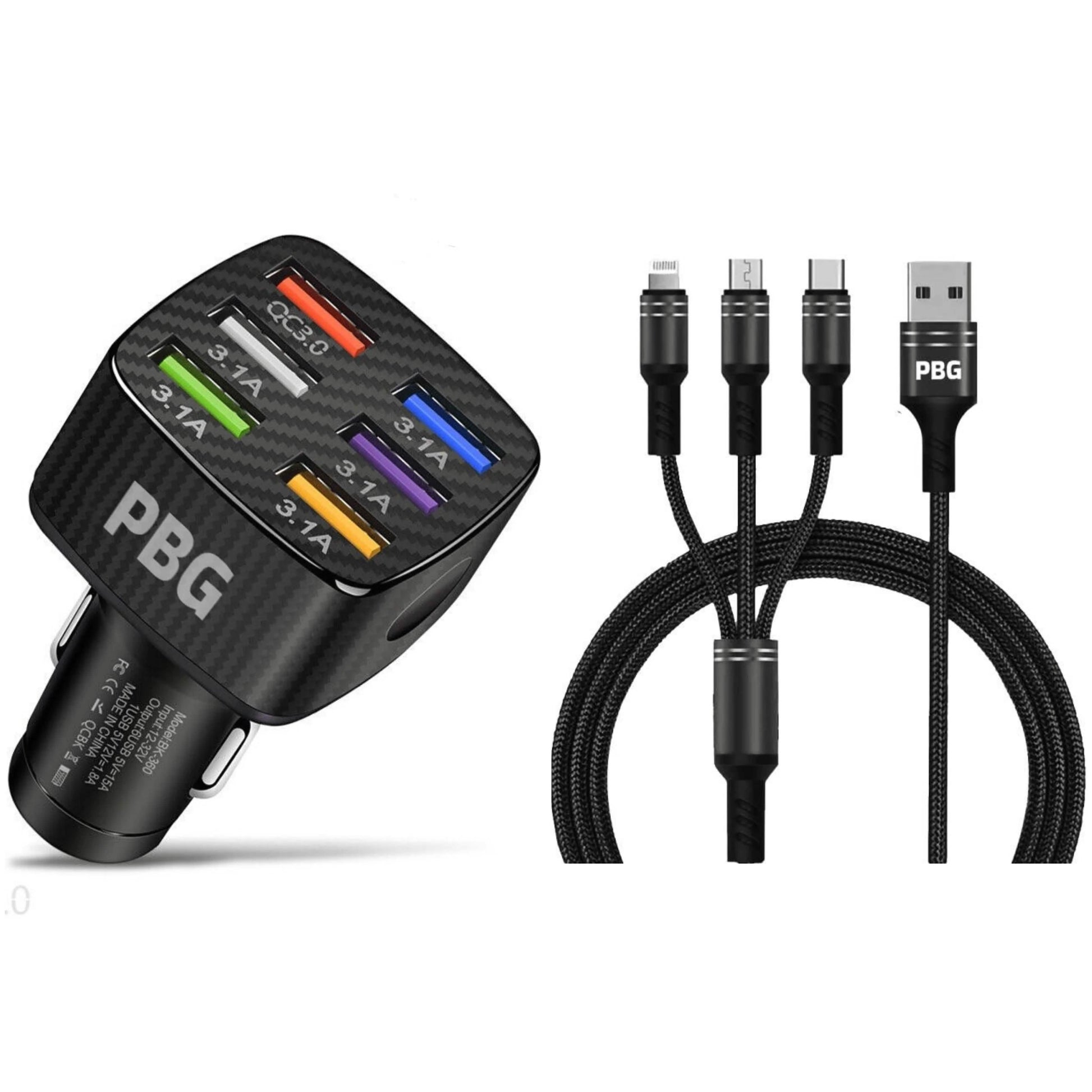 PBG Black LED 6 Port Car Charger and 4FT- 3 In 1 Cable Combo DailySale