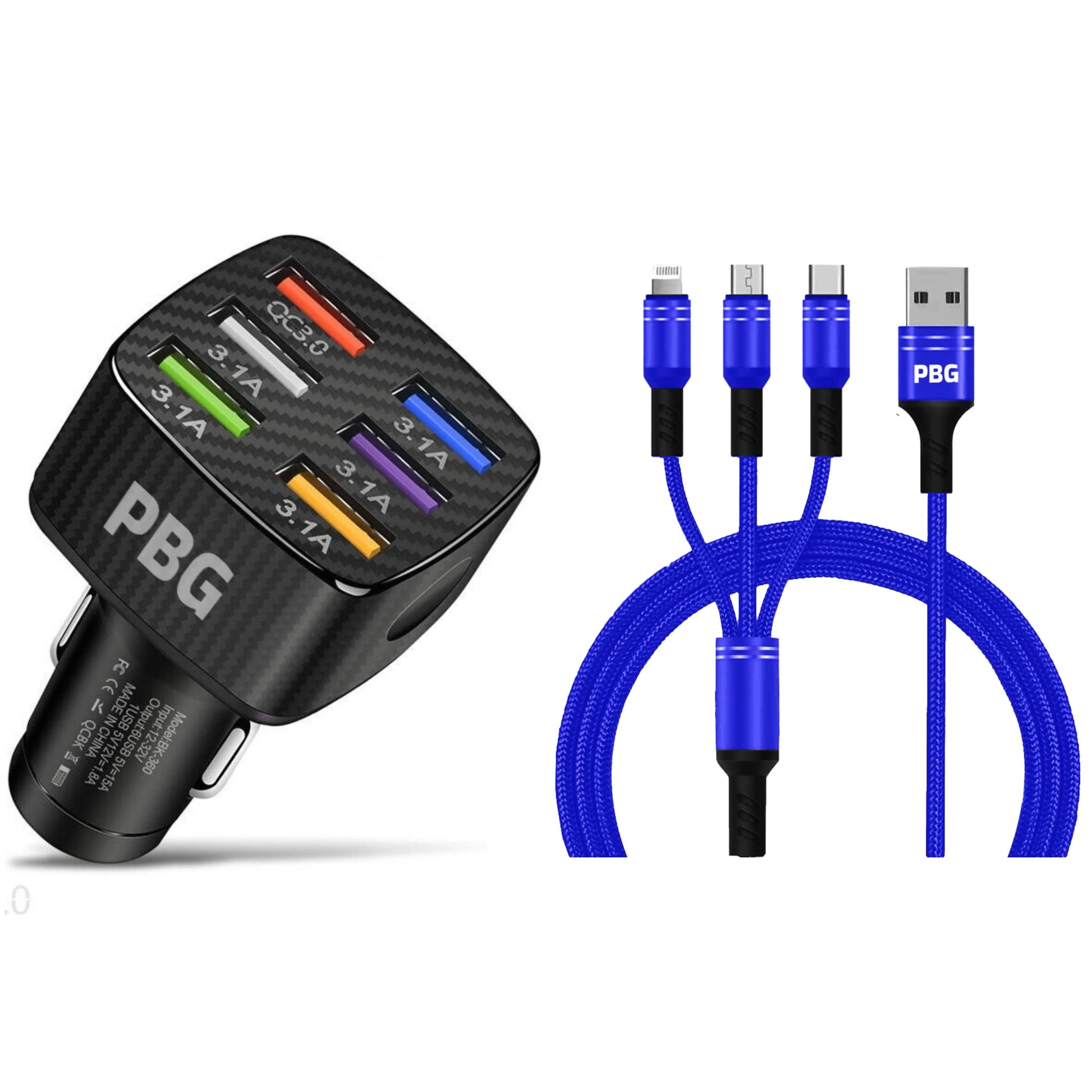 PBG Black LED 6 Port Car Charger and 4FT- 3 In 1 Cable Combo DailySale