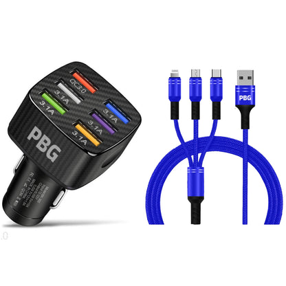 PBG Black LED 6 Port Car Charger and 4FT- 3 In 1 Cable Combo DailySale