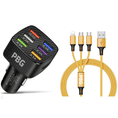 PBG Black LED 6 Port Car Charger and 4FT- 3 In 1 Cable Combo DailySale