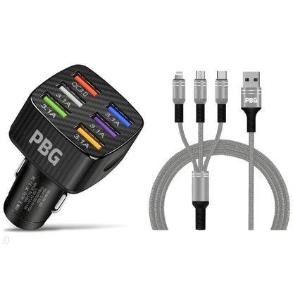 PBG Black LED 6 Port Car Charger and 4FT- 3 In 1 Cable Combo DailySale