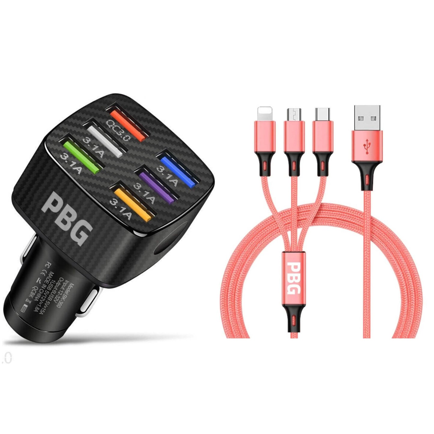 PBG Black LED 6 Port Car Charger and 4FT- 3 In 1 Cable Combo DailySale