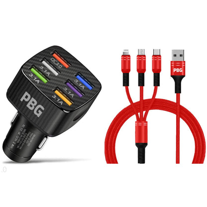 PBG Black LED 6 Port Car Charger and 4FT- 3 In 1 Cable Combo DailySale