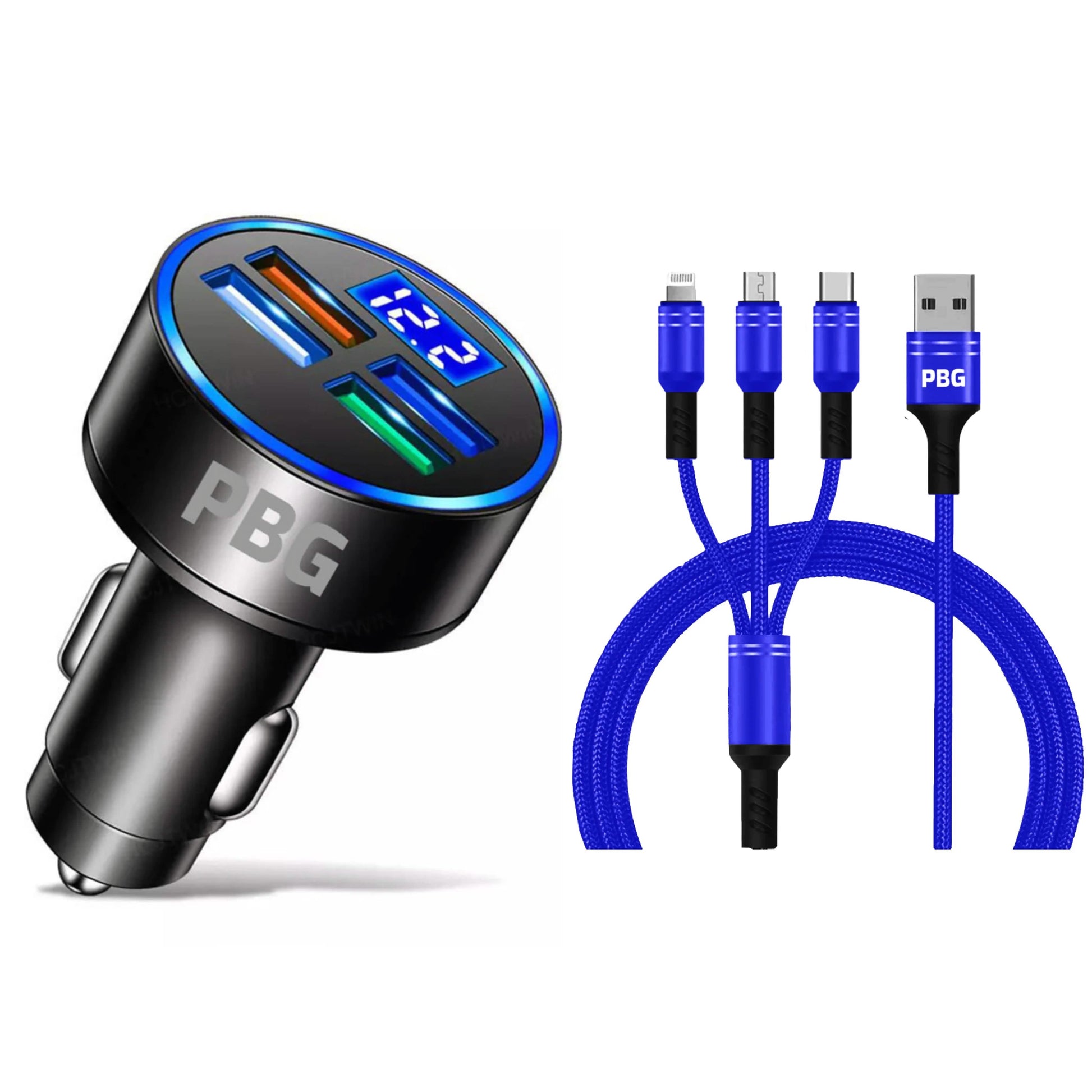 PBG LED 4 Port Car Charger Voltage Display and 3-in-1 Cable Bundle DailySale
