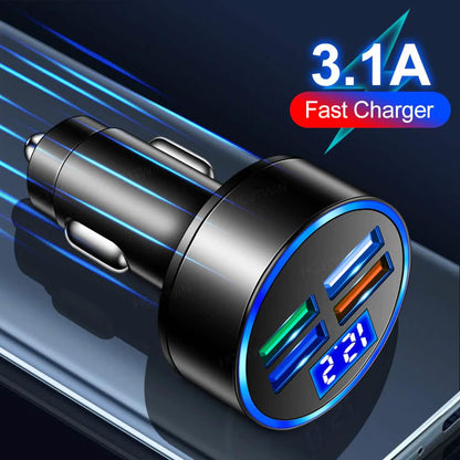 PBG LED 4 Port Car Charger Voltage Display and 3-in-1 Cable Bundle DailySale