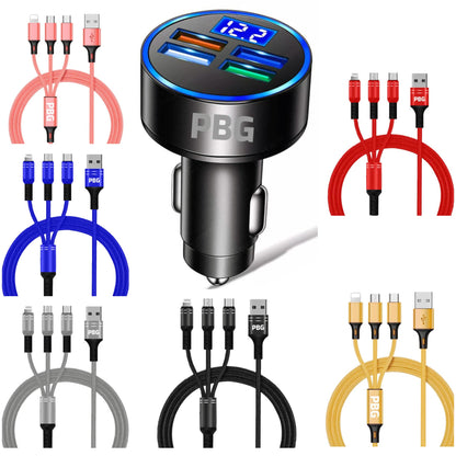 PBG LED 4 Port Car Charger Voltage Display and 3-in-1 Cable Bundle DailySale