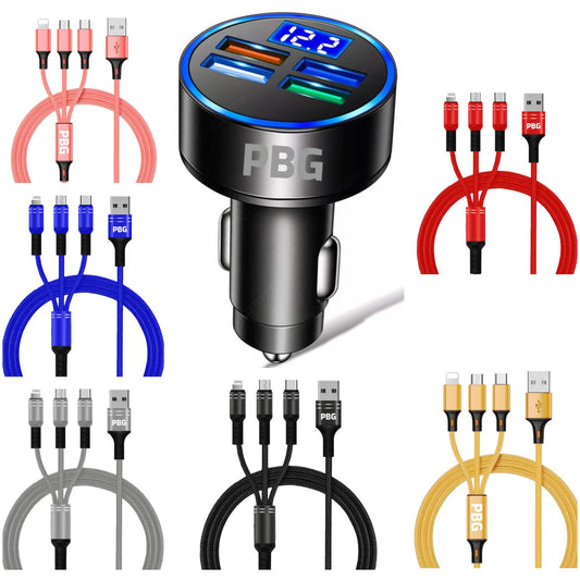 PBG LED 4 Port Car Charger Voltage Display and 3-in-1 Cable Bundle DailySale