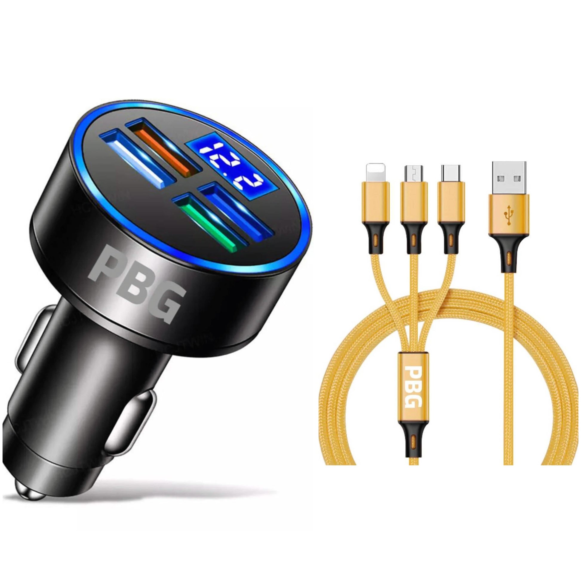 PBG LED 4 Port Car Charger Voltage Display and 3-in-1 Cable Bundle DailySale