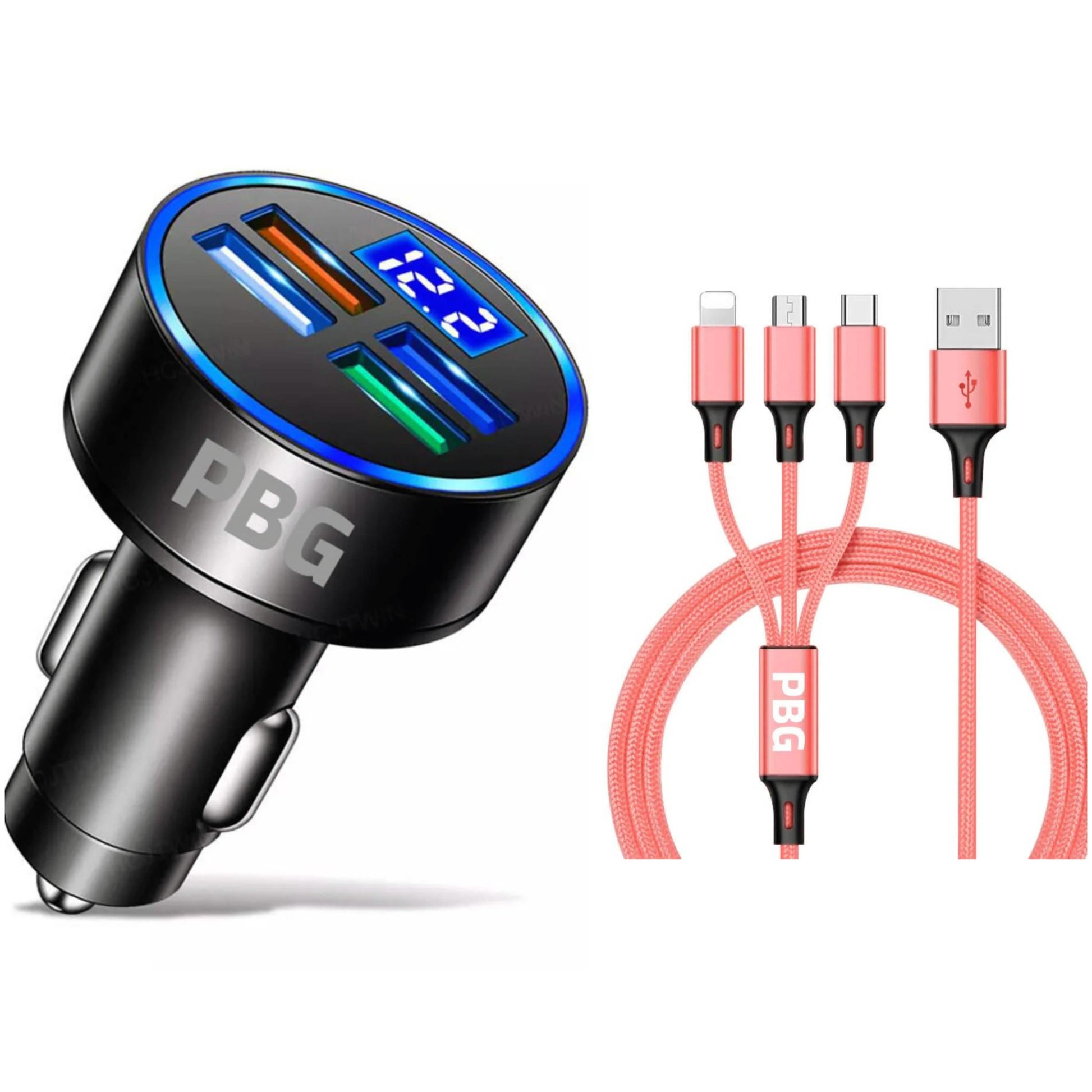 PBG LED 4 Port Car Charger Voltage Display and 3-in-1 Cable Bundle DailySale