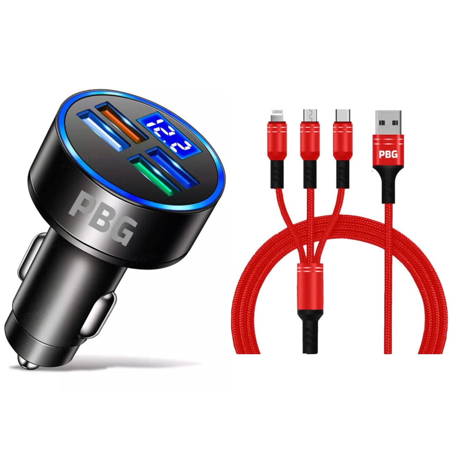 PBG LED 4 Port Car Charger Voltage Display and 3-in-1 Cable Bundle DailySale