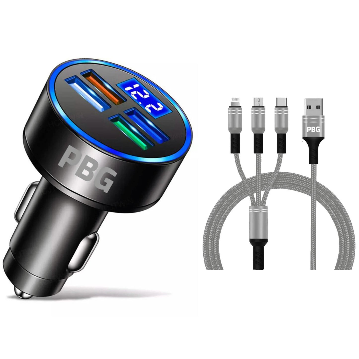 PBG LED 4 Port Car Charger Voltage Display and 3-in-1 Cable Bundle DailySale