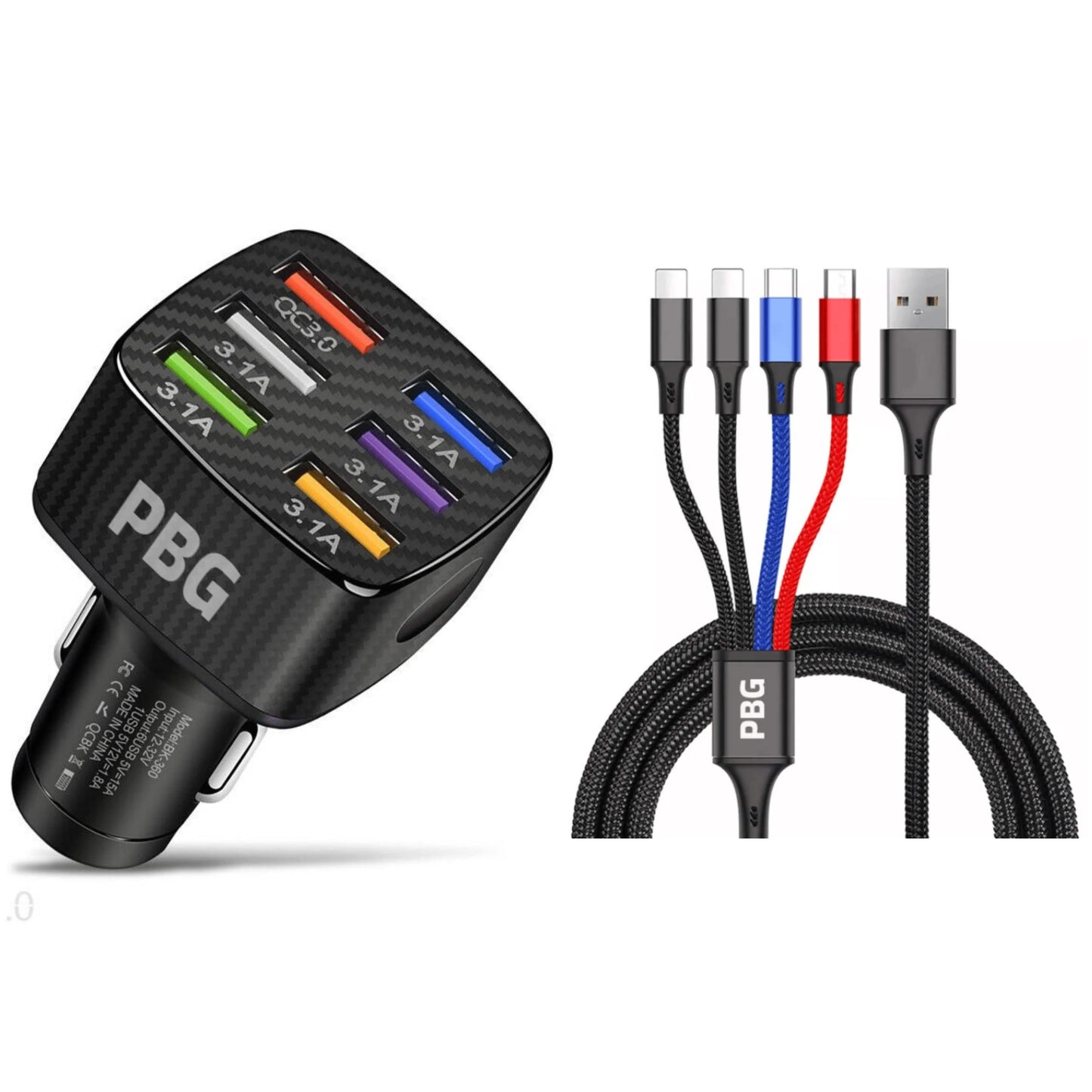 PBG LED 6-Port Car Charger and 4 in 1 Nylon Charging Cable Bundle DailySale